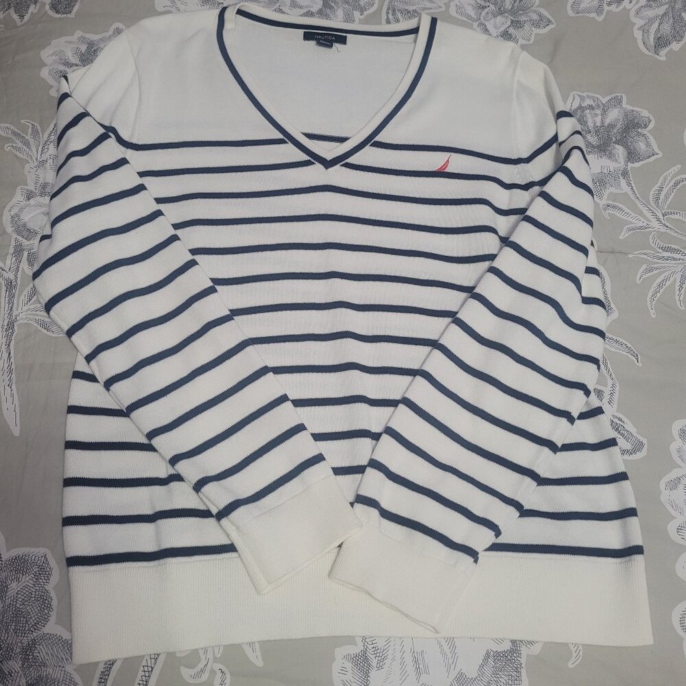 Nautica Cream w/Navy Stripes Cotton V-Neck Pullover Sweater Size Medium EUC